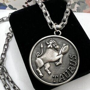 Luca Razza Taurus Zodiac & Football Pewter Pendant 1970's Necklace